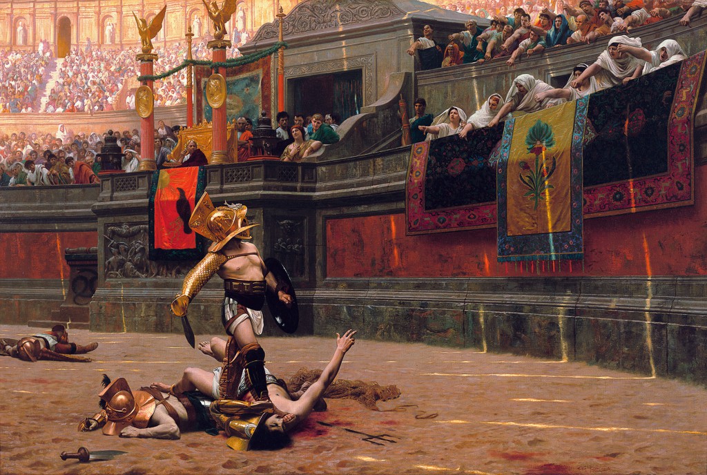 Pollice verso ou Bas Les Pouces de Jean-Léon Gérôme, 1872. Vision romantique de la gladiature, le geste du pouce tourné vers le bas pour décider de la mort des gladiateurs est aujourd'hui contesté ; selon des sources iconographiques le signe de la mort se faisait en tendant le pouce, et le reste de la main, vers son adversaire.