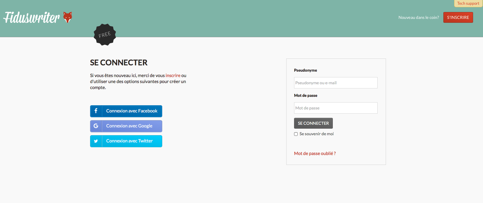La page de connection de FidusWriter